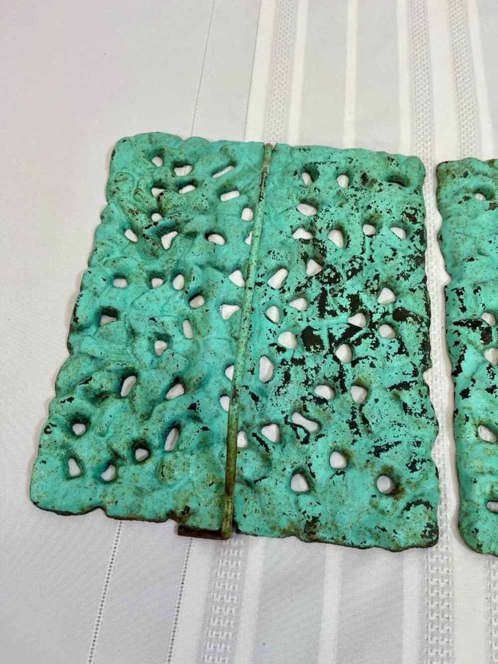 VTG Turquoise Cast Iron Trivet Set Of 2 Mid Century Brutalist Metal Retro Boho